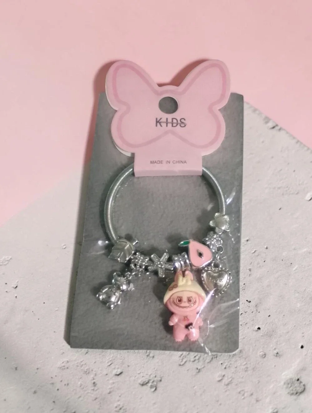 Pink Charm Bracelet for Kids with Cute Character and Heart Charms